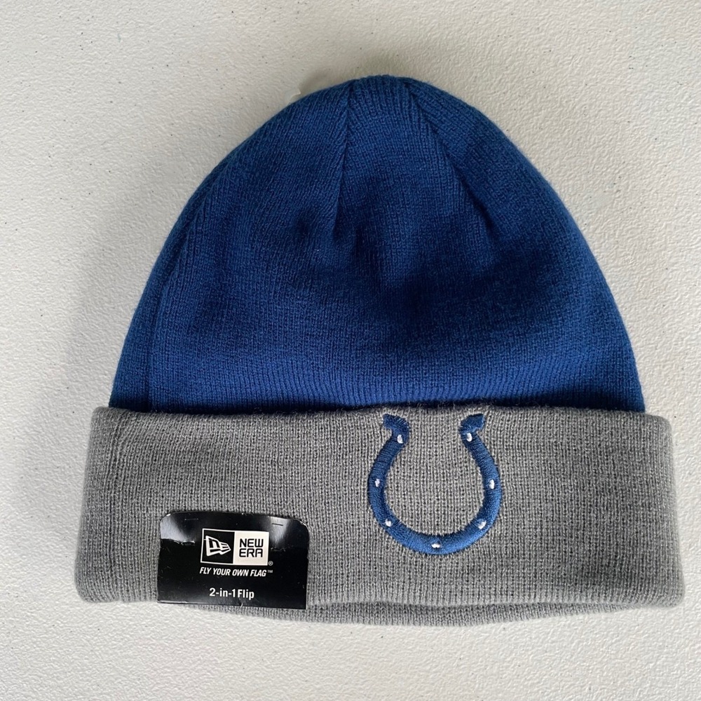 NWT Indianapolis Colts New‎ Era NFL 2-in-1 Flip Beanie Knit Hat Blue Grey